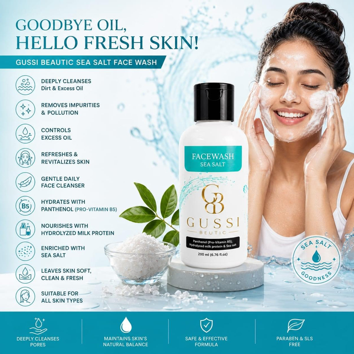 Sea salt face wash 200ML bottle, daily refreshing facial cleanser with panthenol and milk protein
