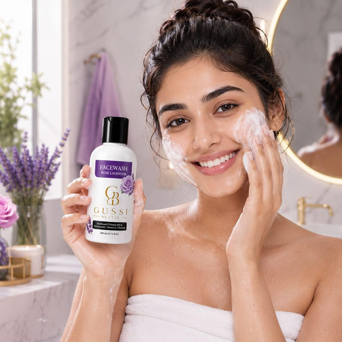 Rose lavender face wash 200ML tube, charcoal deep-clean cleanser with vitamin C and niacinamide