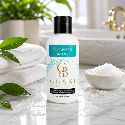 Sea salt face wash 200ML packaging with panthenol and milk protein, daily facial cleanser