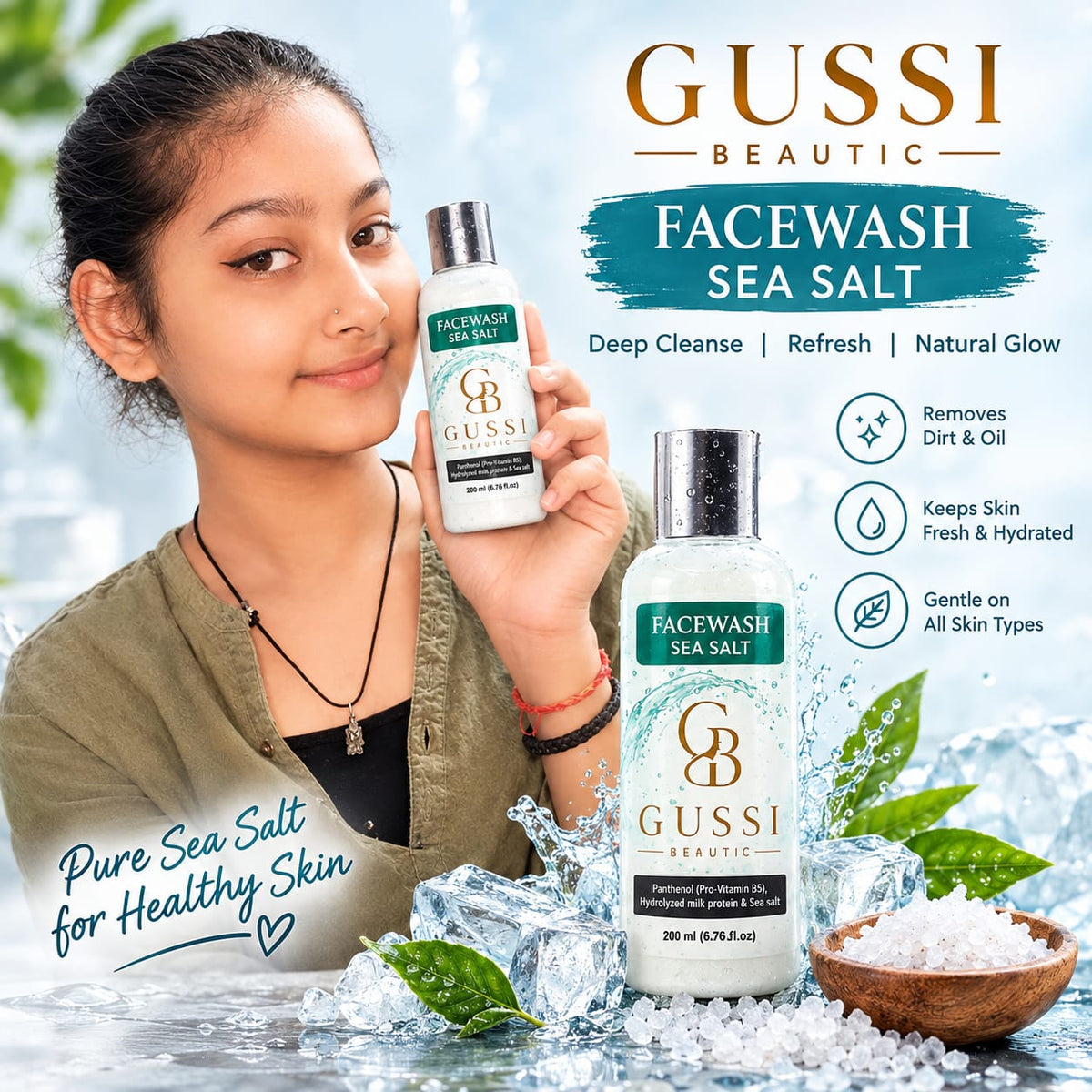 GUSSI Sea Salt Face Wash — Refreshing Daily Cleanser with Panthenol &amp; Milk Protein, 200ML