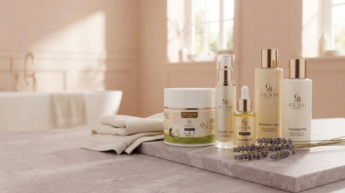 GUSSI skincare product collection displayed on a stone surface in a soft, sunlit room with blush and lavender tones.